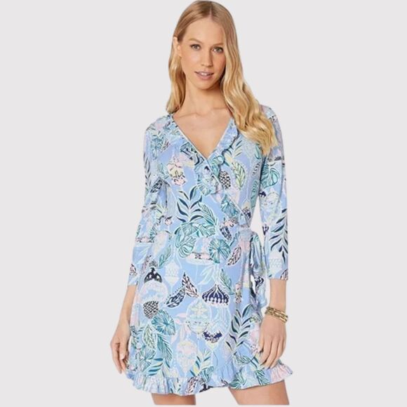 Lilly Pulitzer Blue Jessalynne Romper Wrap Mini Floral Ruffle Stretch Size M - Picture 1 of 12